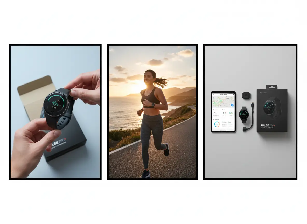 A three-panel product storyboard for a wearable fitness tracker launch idea.