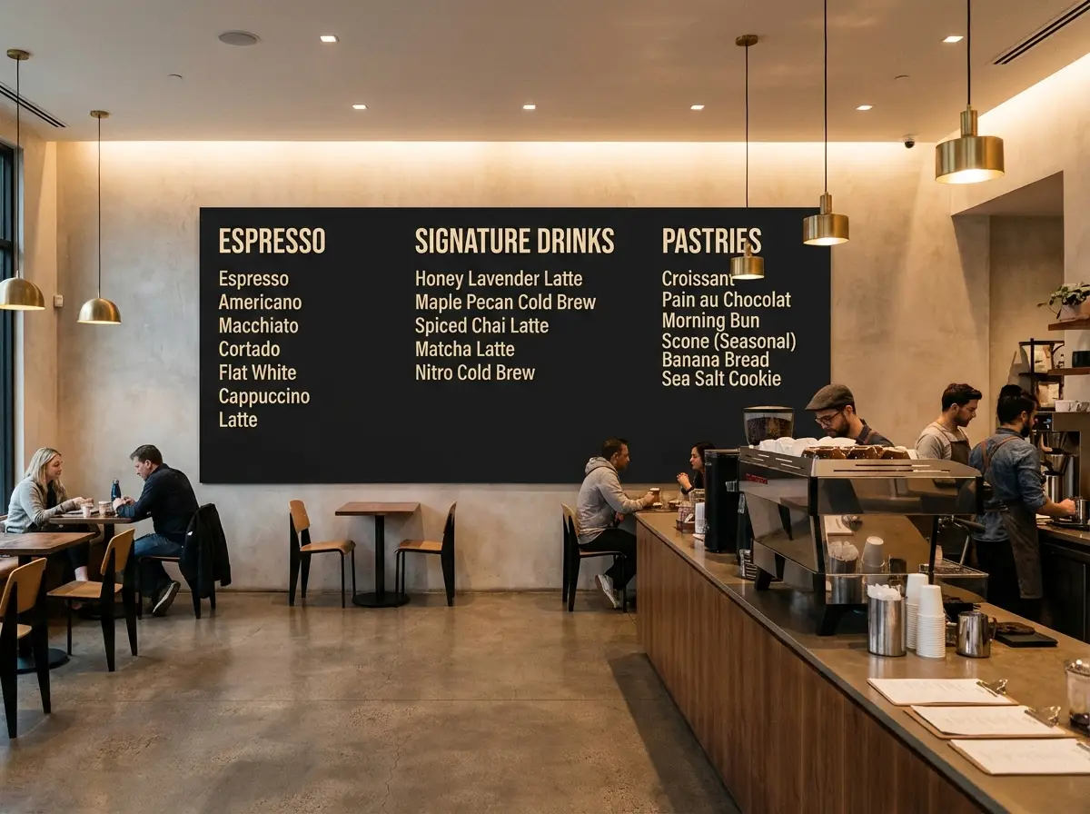 Un tablero de menú de café legible con encabezados de categorías claros y un fondo premium del interior del local.