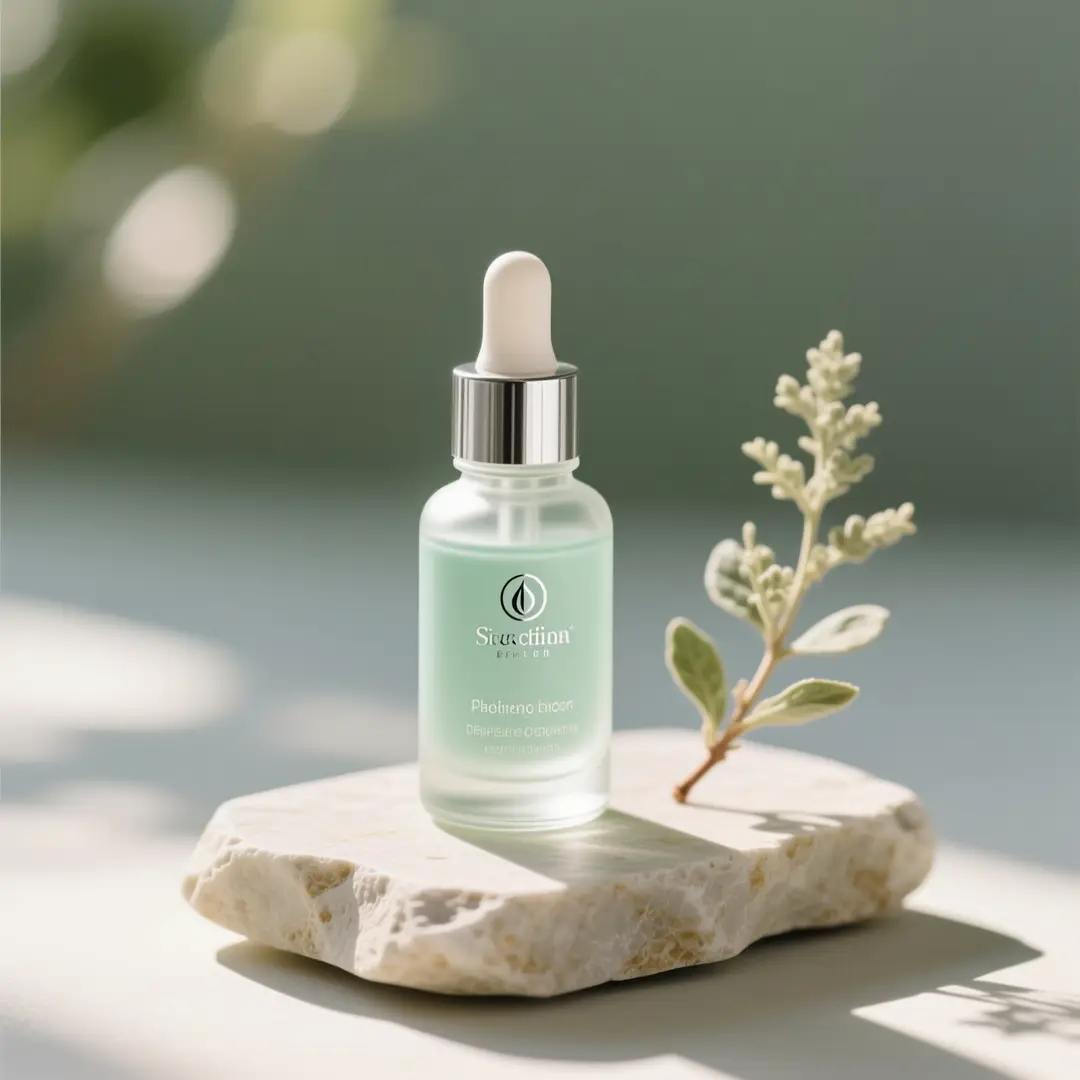 A beauty product still-life concept with serene palette control and precise product rendering.
